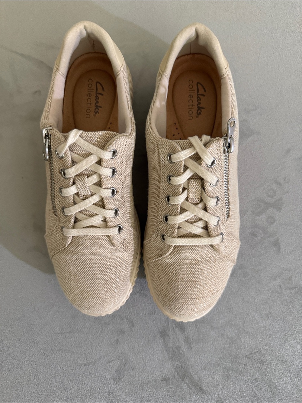 Clarks Beige Canvas Lace-Up Flats with Side Zipper